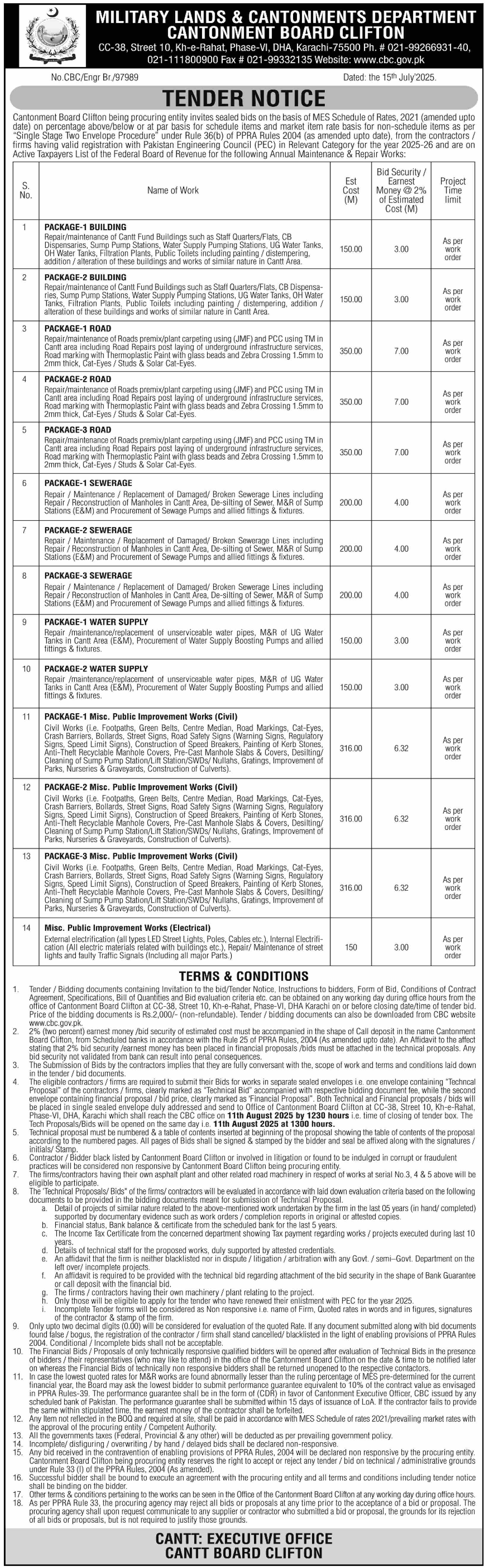 Military Land & Cantonment Department Karachi Tender Notice